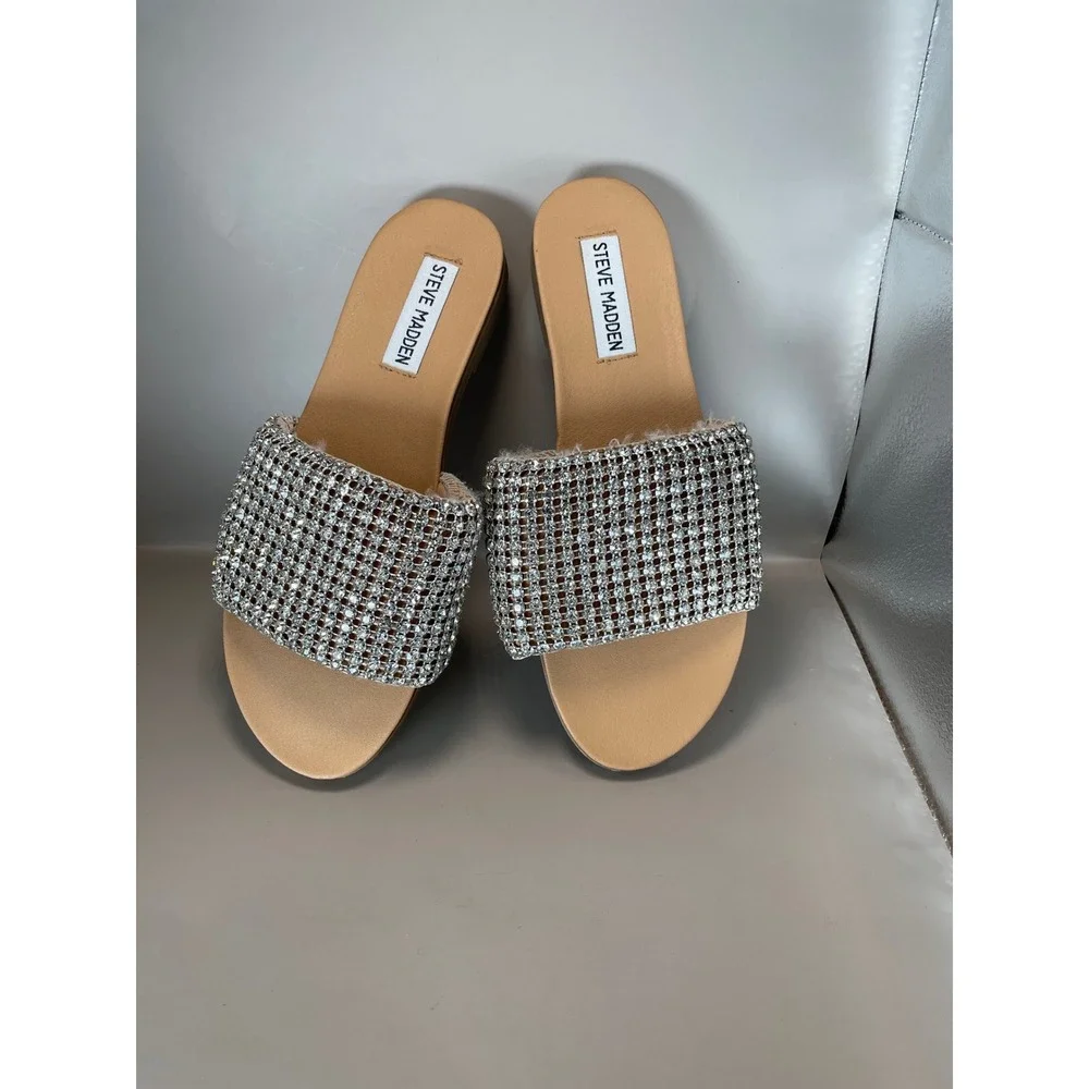 Steve Madden Kameo Rhinestone Slide Sandals Tan Silver Sparkle Flat Womens 7M